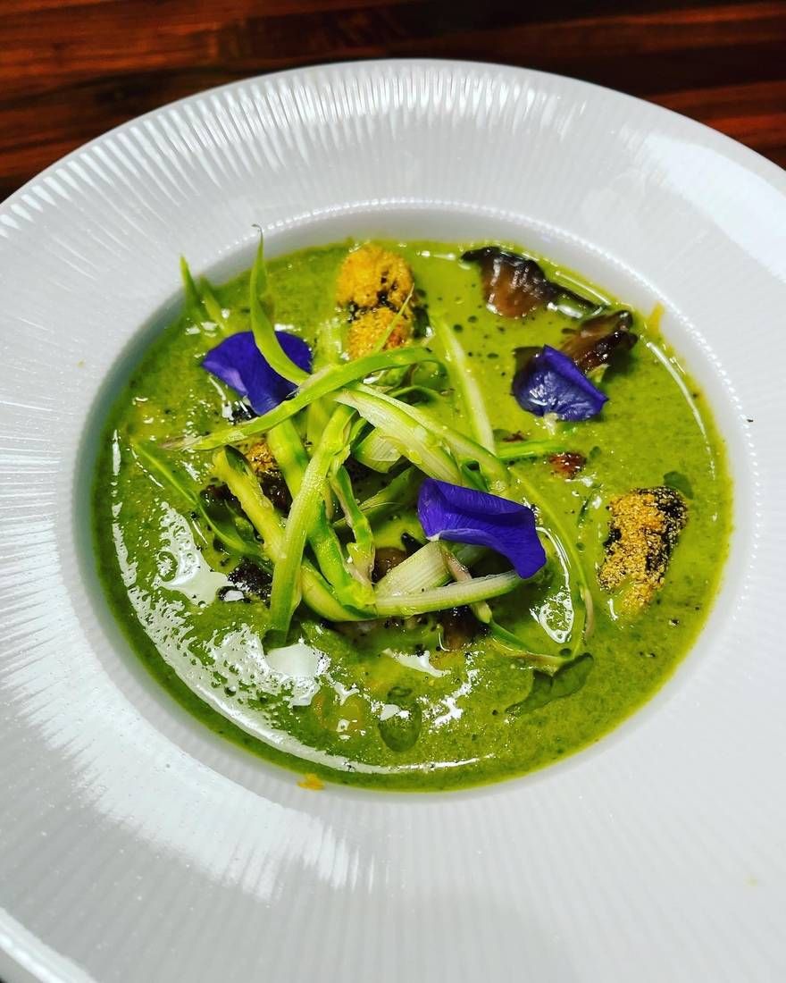 Asparagus soup with fried morels and maitake mushrooms, plated by private chef Jackson Locklear
